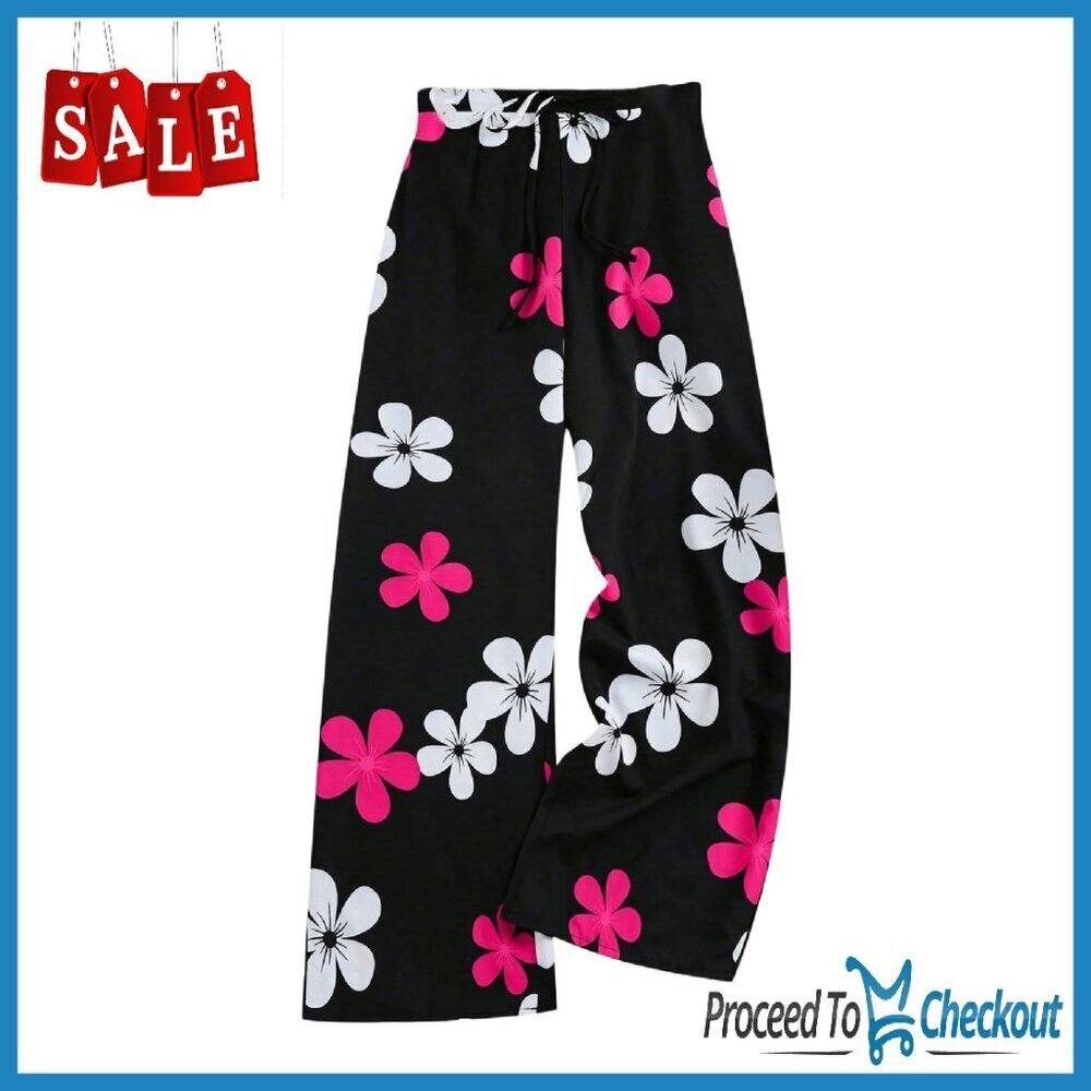 Women's Floral Straight Leg Pants Drawstring High Waisted Palazzo Trousers